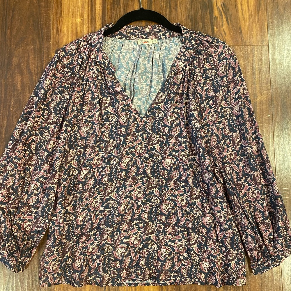 Faherty Paisley V-Neck Blouse - Pink, Purple Navy sz XS